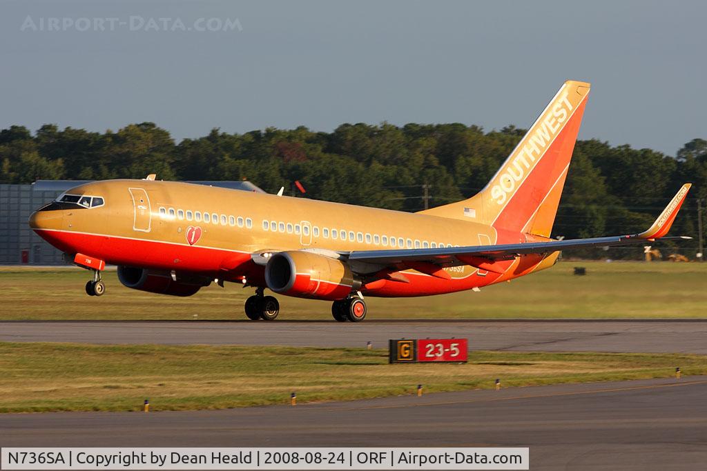 N736SA, 1999 Boeing 737-7H4 C/N 27868, Southwest Airlines N736SA (FLT SWA1665) departing RWY 5 enroute to Chicago Midway Int'l (KMDW).