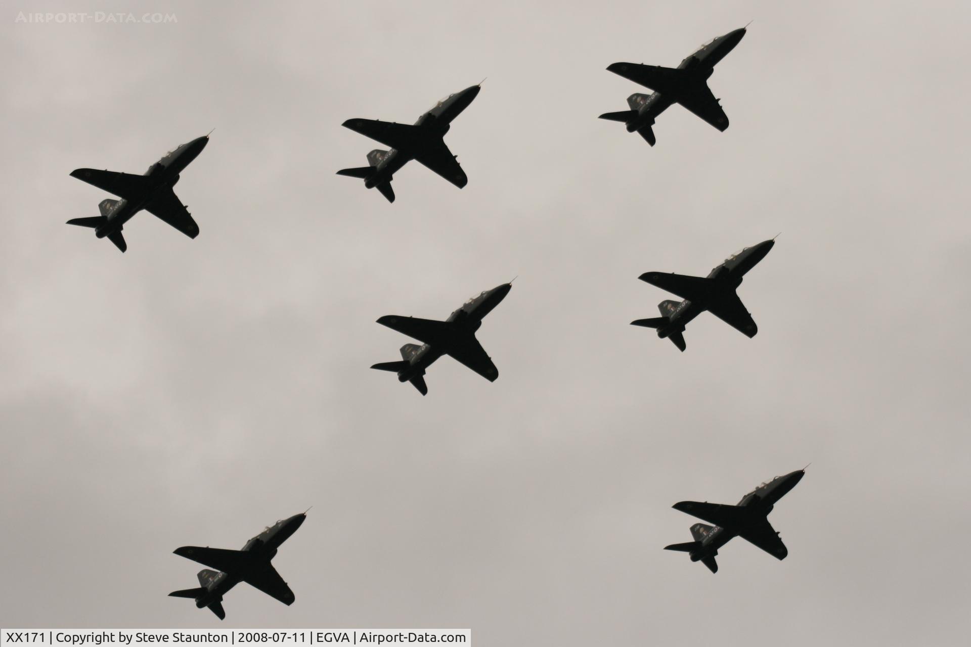 XX171, 1977 Hawker Siddeley Hawk T.1 C/N 018/312018, Royal Air Force 90th Anniversary fly past 11th July 2008 at RIAT Fairford in front of Her Majesty The Queen on a cold, wet and gloomy English Summers Day