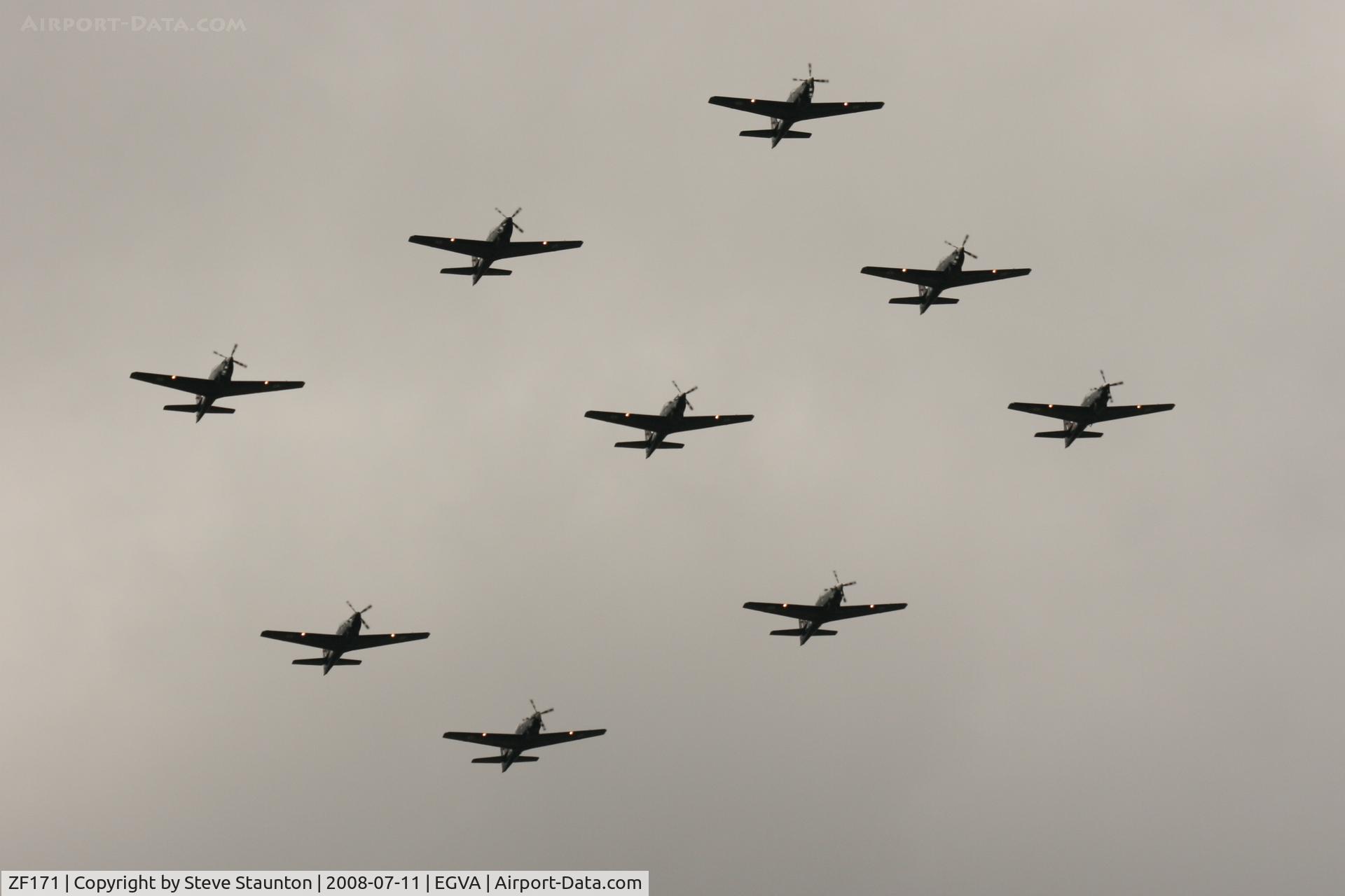 ZF171, 1989 Short S-312 Tucano T1 C/N S023/T23, Royal Air Force 90th Anniversary fly past 11th July 2008 at RIAT Fairford in front of Her Majesty The Queen on a cold, wet and gloomy English Summers Day