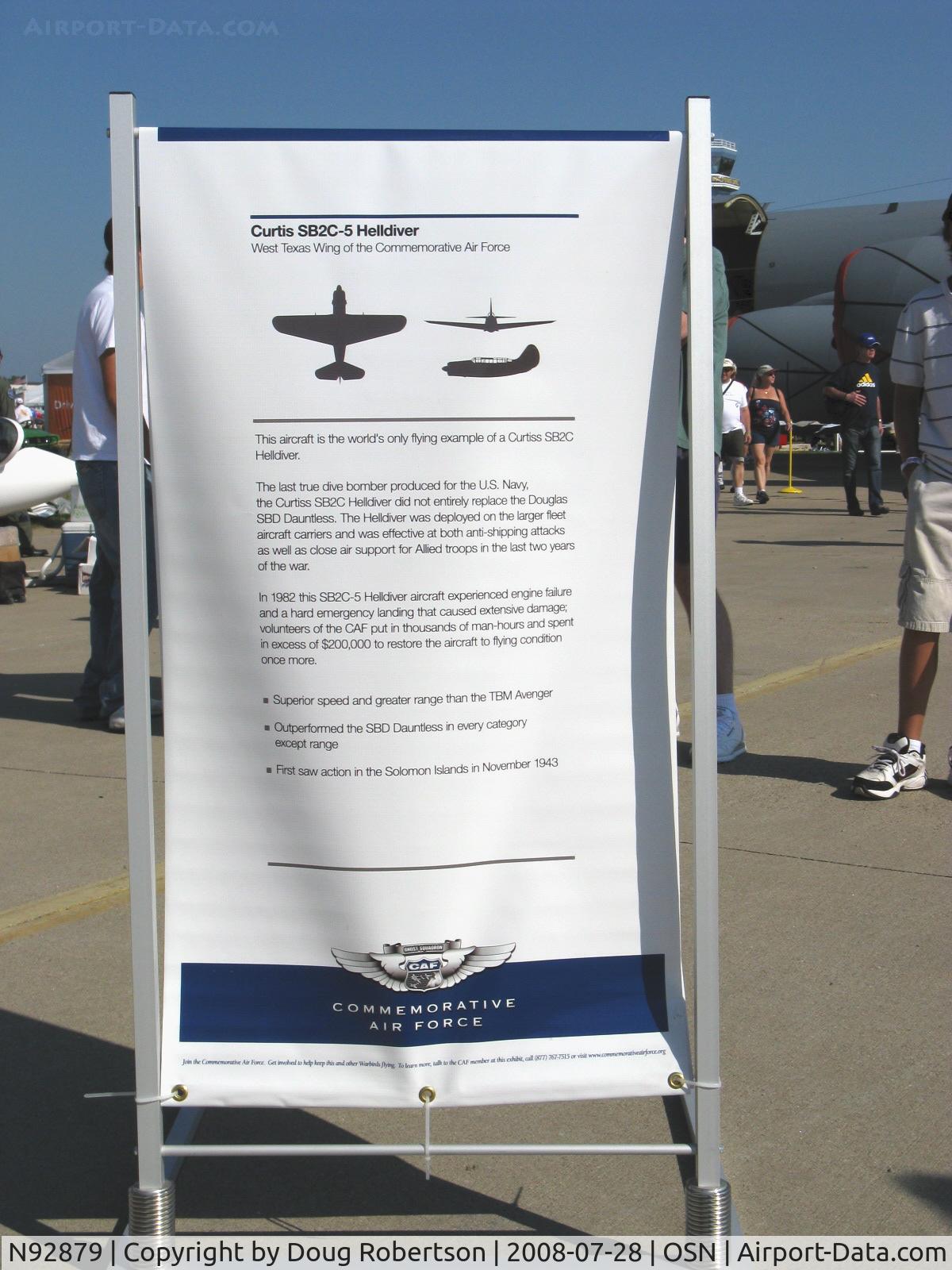 N92879, 1944 Curtiss SB2C-5 Helldiver C/N 83725, 1944 Curtiss-Wright SB2C-5 USN HELLDIVER, -5 increased fuel, Wright R-2600-20 1,900 Hp, 2 20 mm wing cannons, 2 0.30 in machine guns in rear cockpit, up to 1,000 lb bombs internal, up to 1,000 lb bombs external, History