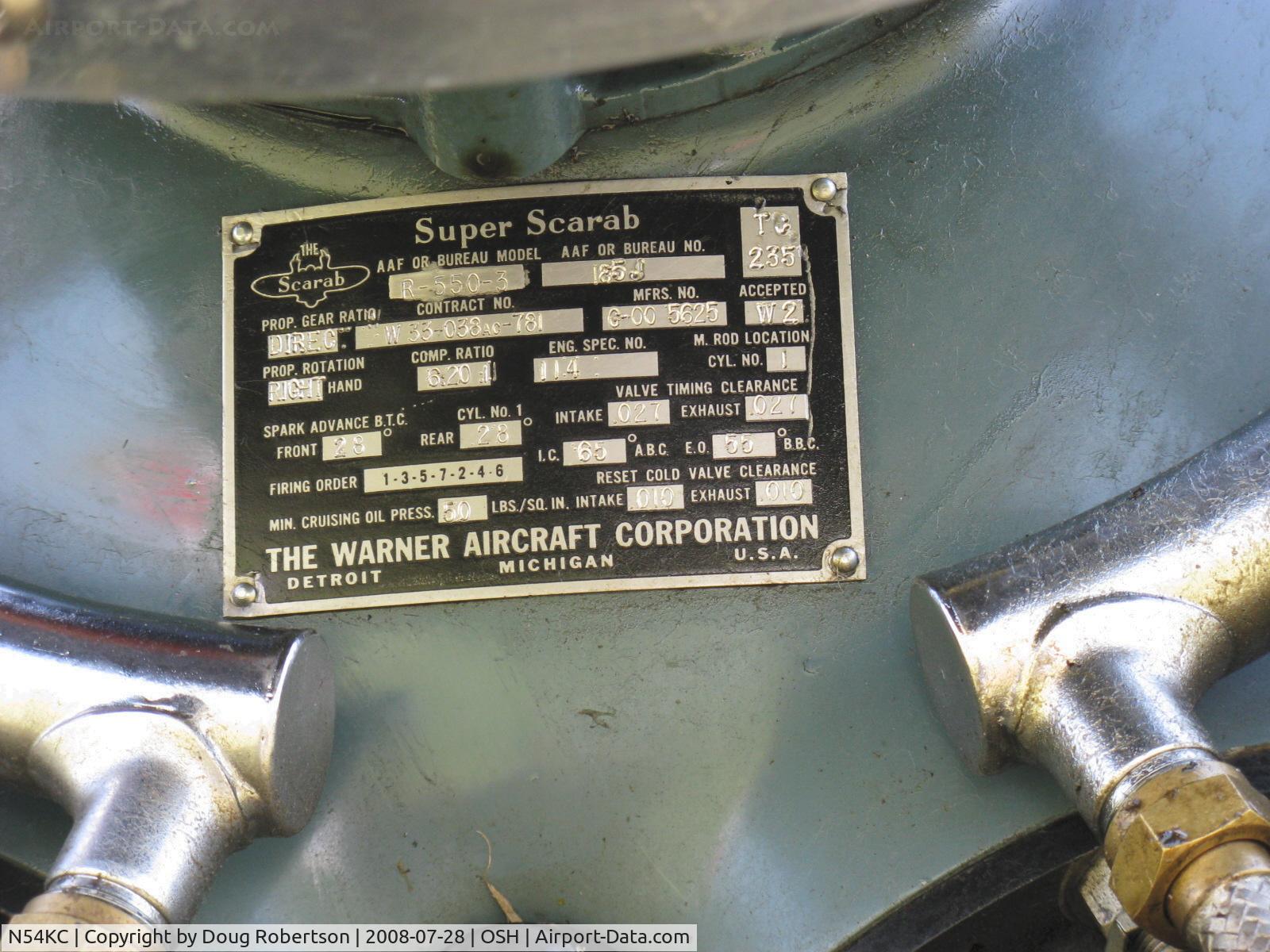 N54KC, 1940 Harlow PJC-2 C/N 3, 1940 Harlow PJC-2, Warner R-550-3 Super Scarab 185 radial, 200 Hp upgrade from original Warner SS 145 Hp, four seat cabin all-metal monoplane rare low production aircraft design by Max Harlow. Ser. #3. Engine data.
