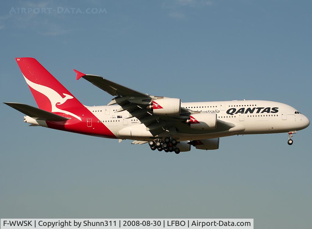 F-WWSK, 2008 Airbus A380-842 C/N 014, C/n 0014 - First A380 in full Qantas c/s - To be VH-OQA - Coming from XFW on landing rwy 14R