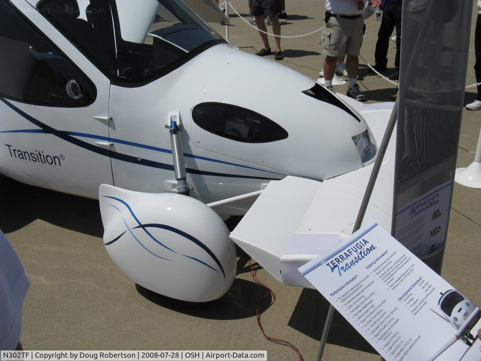 N302TF, 2008 Terrafugia Transition C/N D0001, 2008 Terrafugia TRANSITION canard foldable wing developmental roadable LSA, Rotax 912 S 100 Hp, Two seats side by side to be street-legal capable of highway speeds on the road. First flight expected late 2008, deliveries late 2009. $194,000 target price.