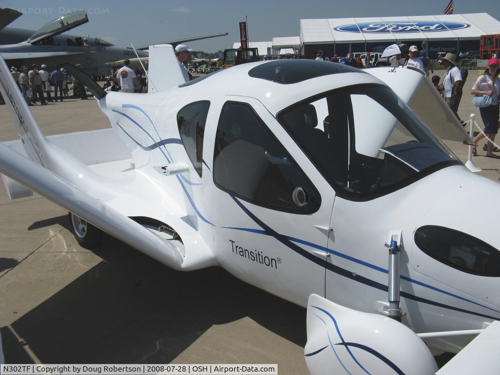 N302TF, 2008 Terrafugia Transition C/N D0001, 2008 Terrafugia TRANSITION canard foldable wing developmental roadable LSA, Rotax 912 S 100 Hp, Two seats side by side to be street-legal capable of highway speeds on the road. First flight expected late 2008. Optional full-vehicle parachute.