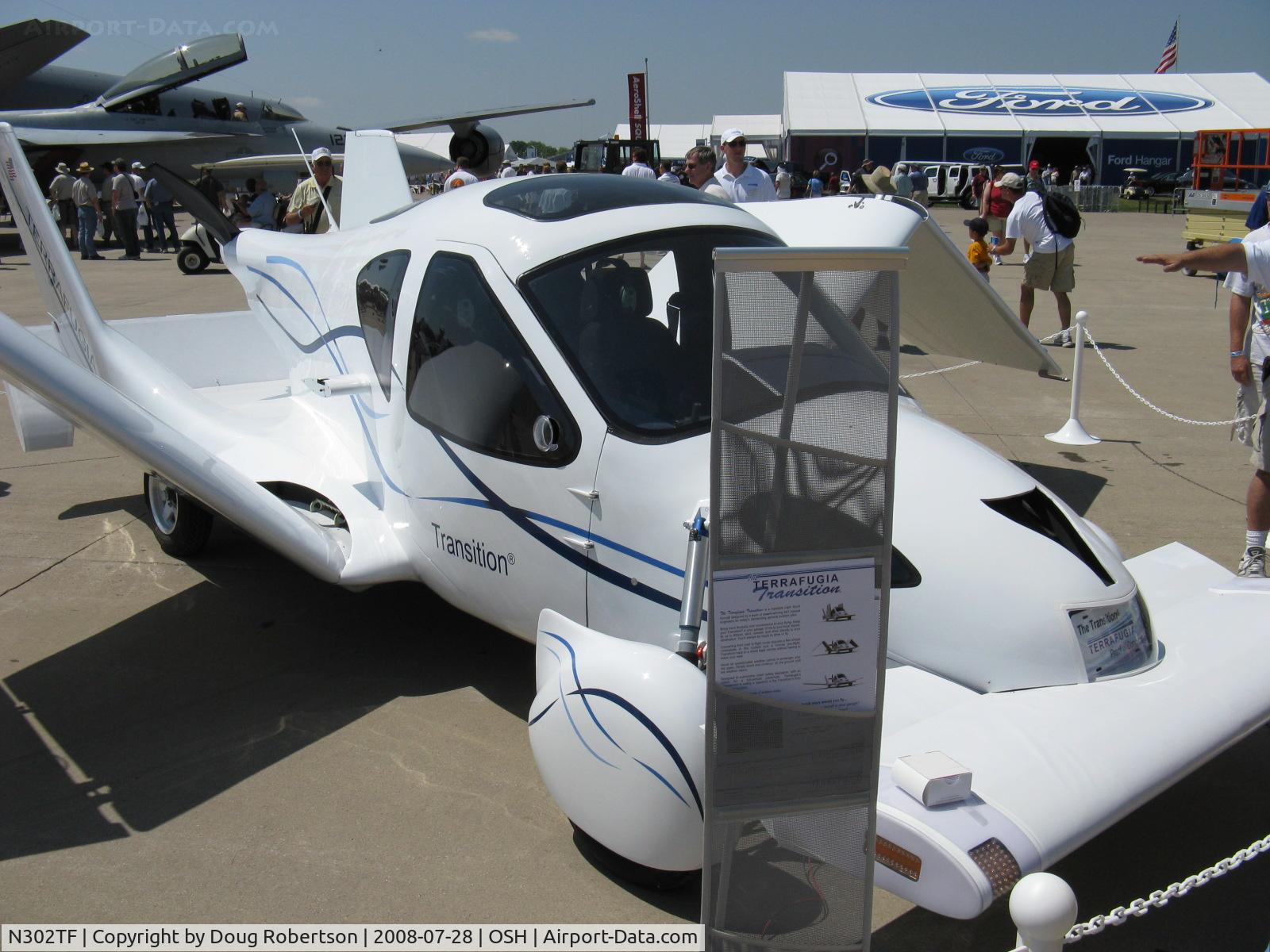 N302TF, 2008 Terrafugia Transition C/N D0001, 2008 Terrafugia TRANSITION canard foldable wing developmental roadable LSA, Rotax 912 S 100 Hp pusher, Two seats side by side to be street-legal capable of highway speeds on the road. First flight expected late 2008. Optional full-vehicle parachute.