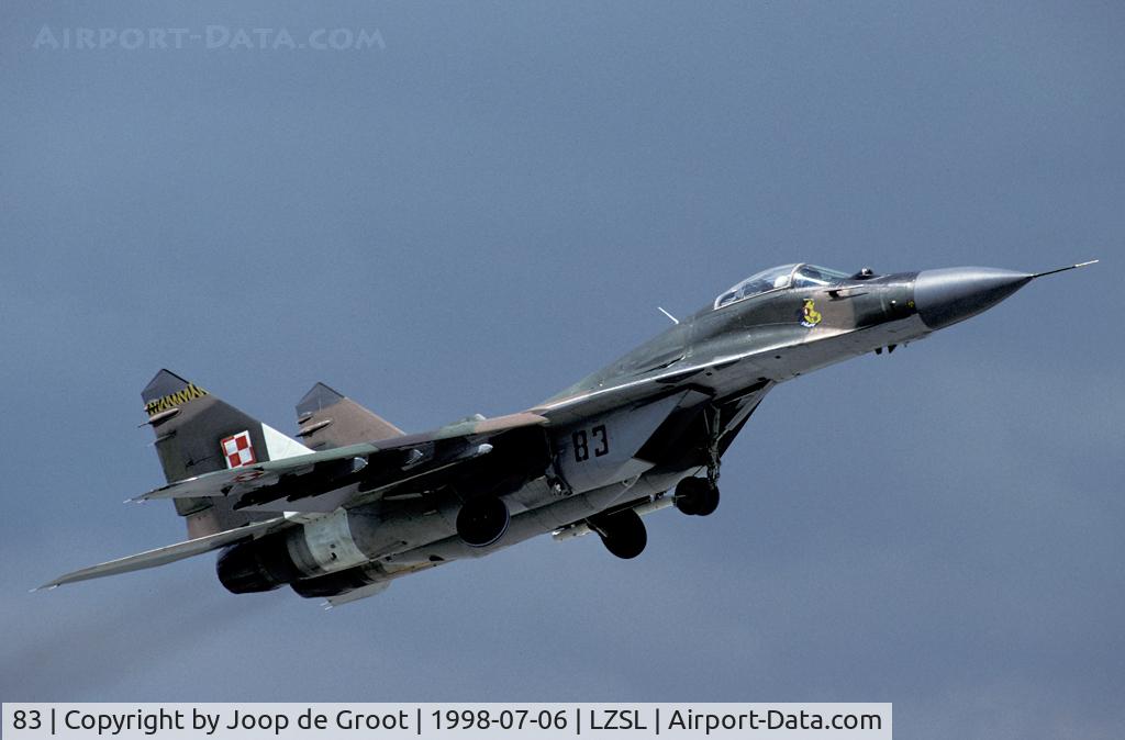 83, Mikoyan-Gurevich MiG-29 C/N 2960526383, After the Czech air force handed over its MiG-29 to Poland these aircraft kept the Czech colours for a few years. This particular aircraft used to be 8304 in Czech AF service.