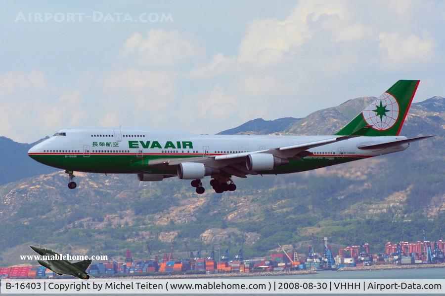 B-16403, 1993 Boeing 747-45E C/N 27141, EVA Air approaching runway 25R