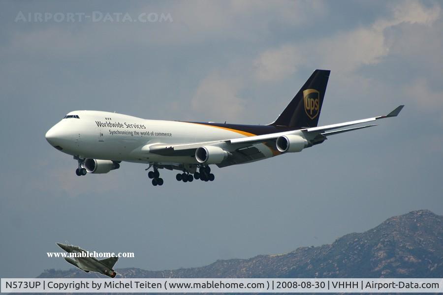 N573UP, 2008 Boeing 747-44AF C/N 35662, UPS Cargo arriving at Hong Kong