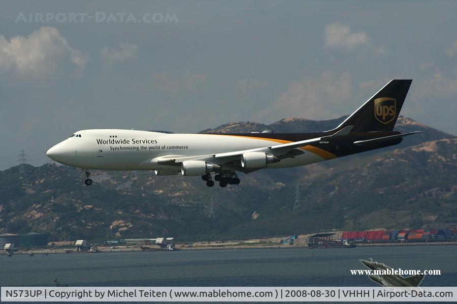 N573UP, 2008 Boeing 747-44AF C/N 35662, UPS Cargo arriving at Hong Kong
