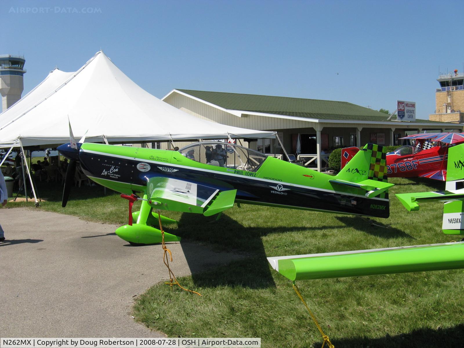 N262MX, MX Aircraft MX2 C/N 001, MX Aircraft MX2 'HOODOO', Lycoming AEIO-540, 3 blade prop, extreme aerobatic carbon fiber tandem two place, +/-12 g, roll rate 420 deg./sec. 45 degree seatbacks by Oregon Aero