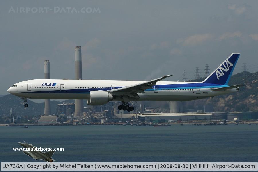 JA736A, 2006 Boeing 777-381/ER C/N 34893, ANA arriving on runway 25R