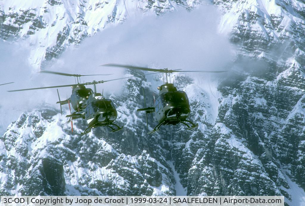 3C-OD, Bell OH-58B Kiowa C/N 42242, A Austrian OH-58, followed by two AB-206 low level through the valleys of the Austrian Alps. What an impressing sight this was!