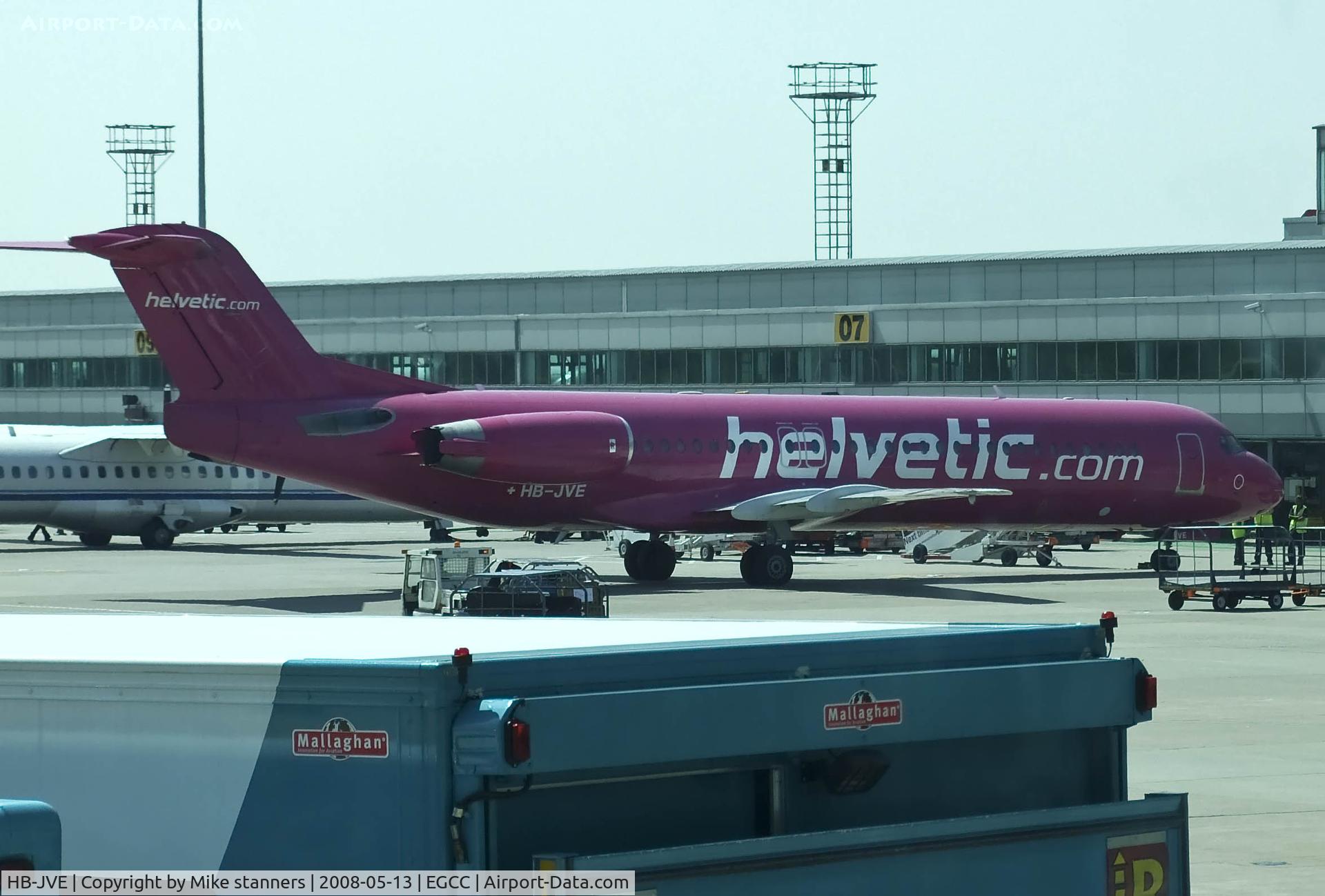 HB-JVE, 1993 Fokker 100 (F-28-0100) C/N 11459, Helvetic Fokker 100 at Manchester airport