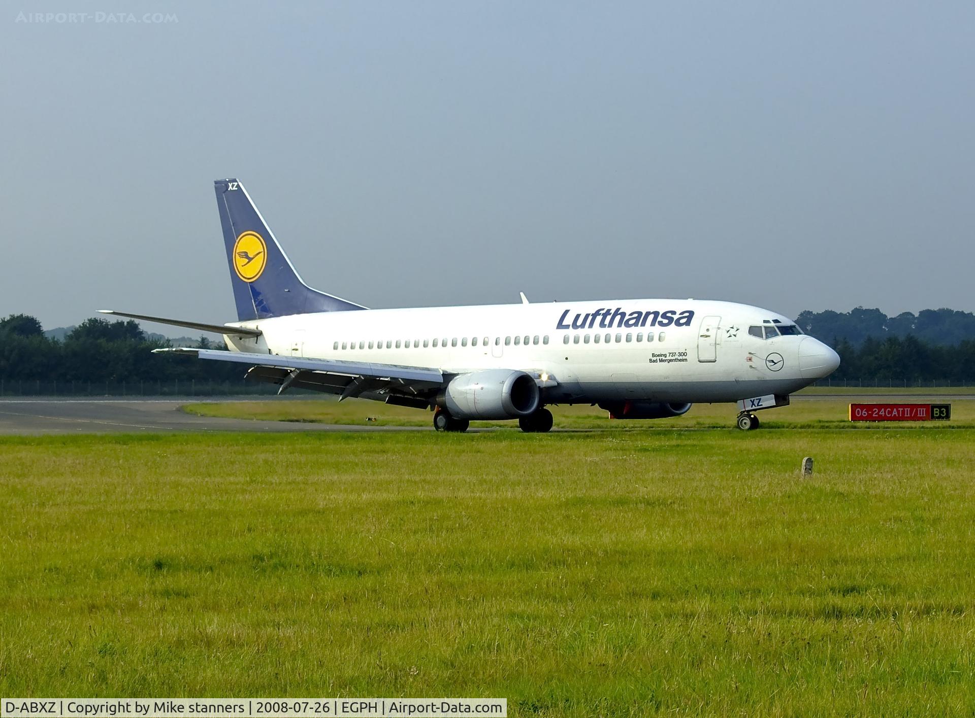 D-ABXZ, 1990 Boeing 737-330 C/N 24564, Lufthansa B737 Taxiing into EDI on flight DLH1MF