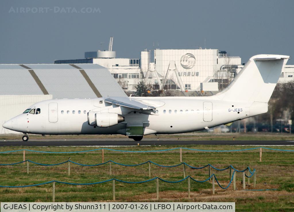G-JEAS, 1984 British Aerospace BAe.146-200 C/N E2020, Ready for take off rwy 32R in all white c/s