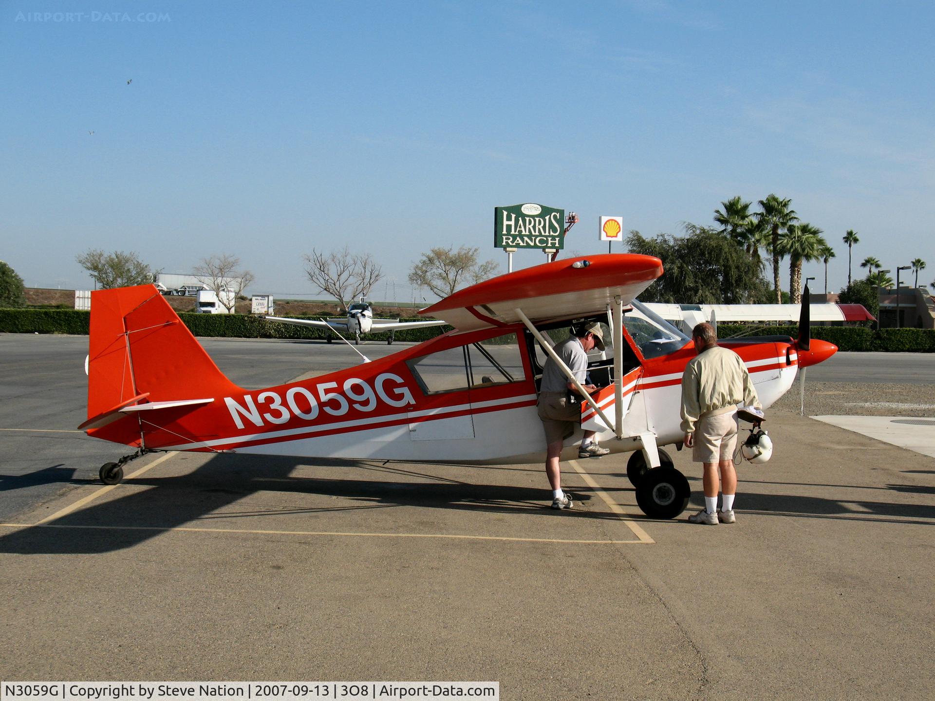 N3059G, 1968 Champion 7GCBC C/N 37, Pilots of Pipeline PATROL 1968 Champion 7GCBC and Christen Industries A-1 N2882U confer @ Harris Ranch Airport & Restaurant, CA