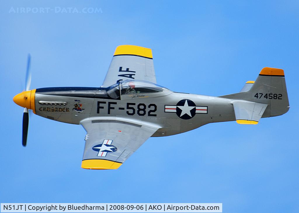 N51JT, 1946 North American P-51D Mustang C/N 122-41122 (44-74582), Crusader flyby at the National Radial Engine Exhibition in Akron,Colorado.
