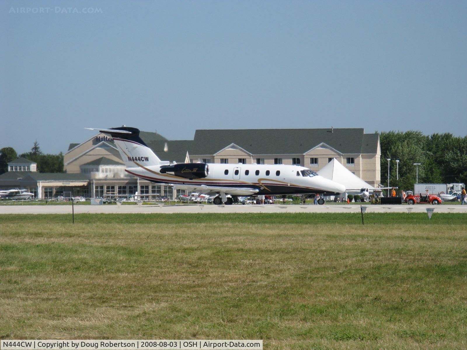 N444CW, 1984 Cessna 650 Citation III C/N 650-0064, 1984 Cessna 650 CITATION III, two Garrett Airesearch TFE-731-3B-100S two-speed geared turbofans 3,700 lb st each. Swept supercritical wing, T-tail, takeoff roll Rwy 09