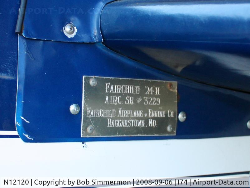 N12120, 1937 Fairchild 24 H C/N 3229, S/N plate.  On display at MERFI fly-in, Urbana, Ohio.
