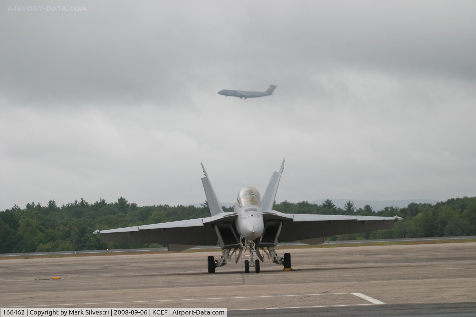 166462, Boeing F/A-18F Super Hornet C/N F097, Westover ARB 2008 - With C-5 (84-0060) flying overhead.