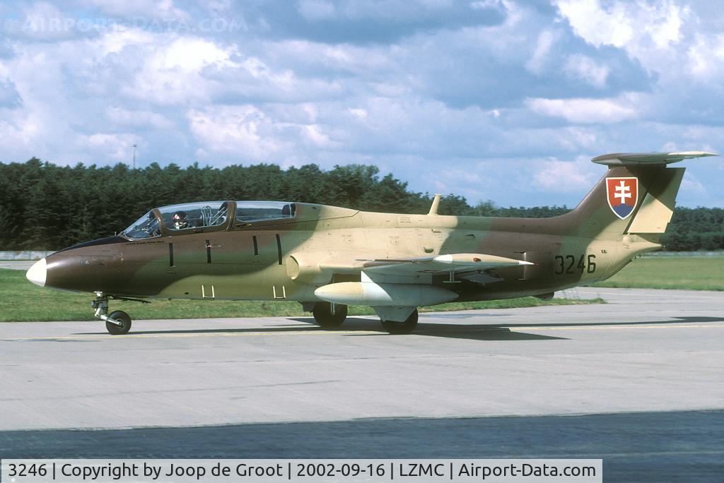 3246, Aero L-29 Delfin C/N 993246, After overhaul in 2001 L-29's of the Slovakia Air Force appeared in this attractive color scheme. The paint used for this job was a leftover from overhaul of Egyptian aircraft. In 2003 the L-29 was completely withdrawn from use.