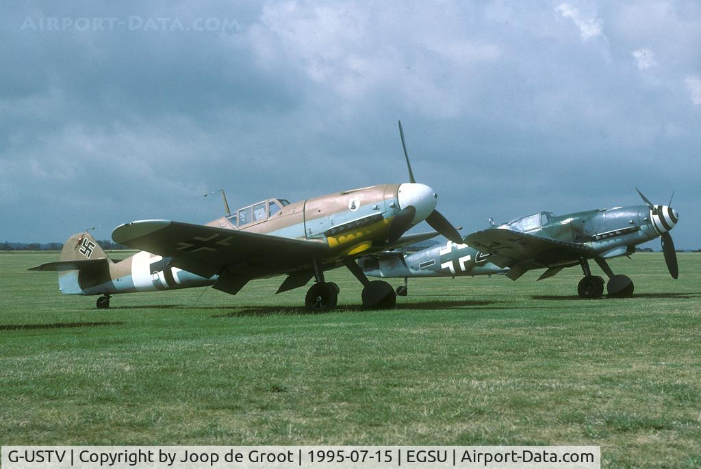G-USTV, 1942 Messerschmitt Bf-109G-2/Trop C/N 10639, 1995 brought a rare sight to Duxford: two airworthy Daimler-Benz powered Bf-109's. G-USTV is an original Bf-109G; D-FDME is a converted Spanish Air Force Ha1112-M1L.