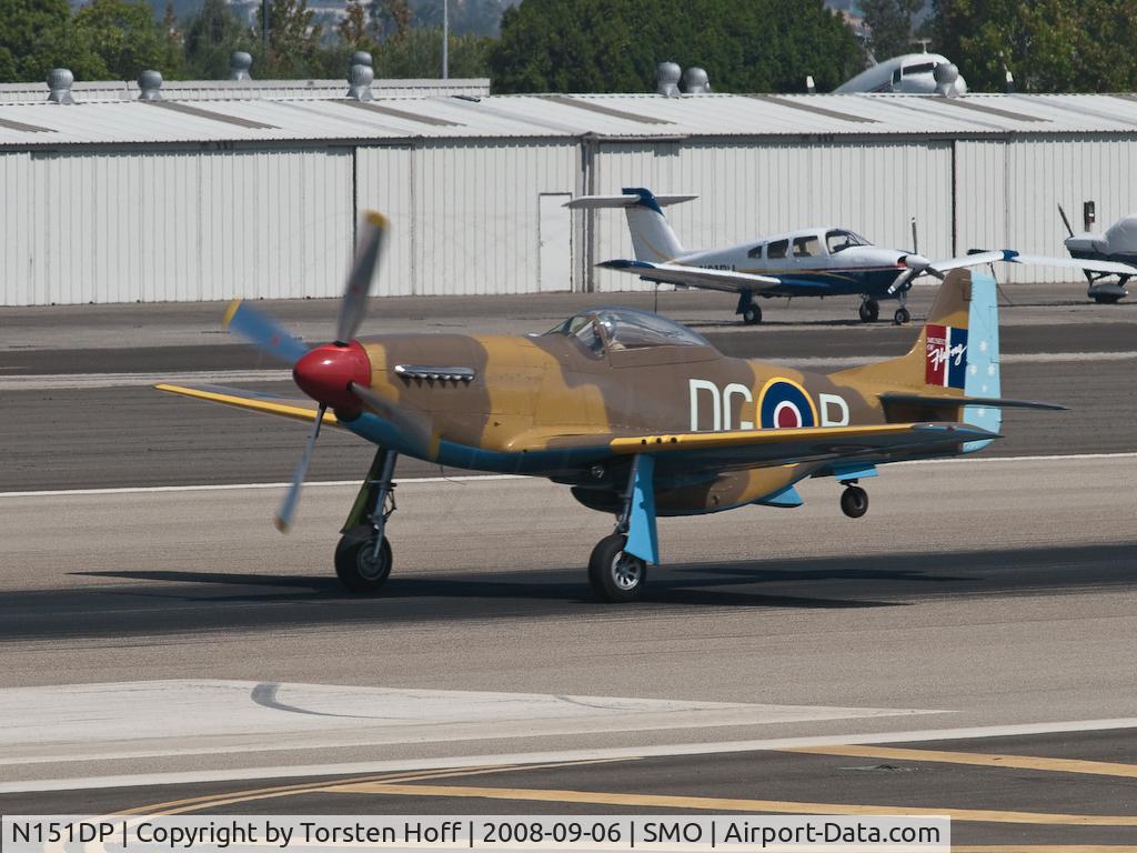 N151DP, 1944 North American P-51C Mustang C/N 111-28888, N151DP at Santa Monica, CA. Note faint vapour compression vortices forming at propeller tips.
