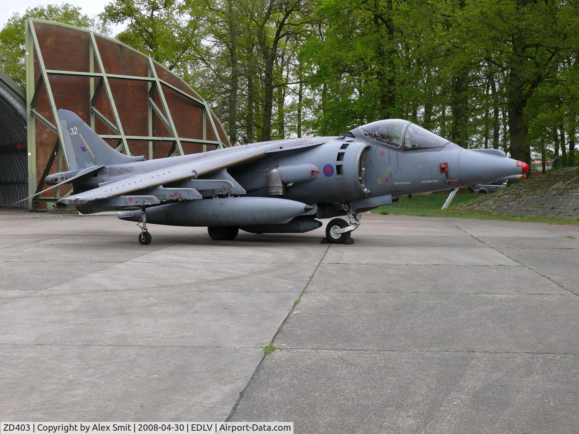ZD403, British Aerospace Harrier GR.7 C/N P32, Back home and parked in front of a 'Cold War' era shelter