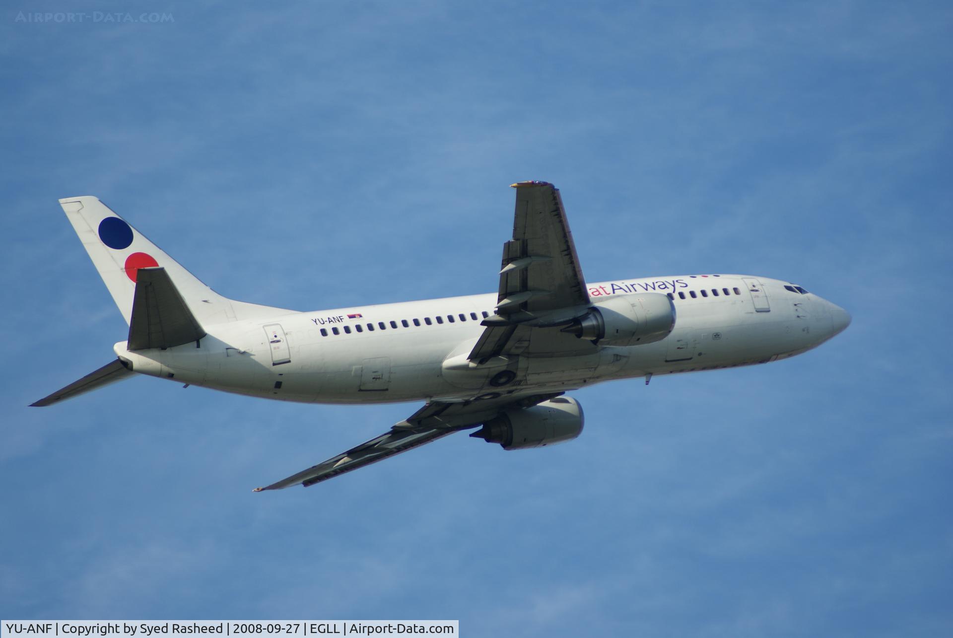YU-ANF, 1985 Boeing 737-3H9 C/N 23330/1136, JAT Airways departing 09R