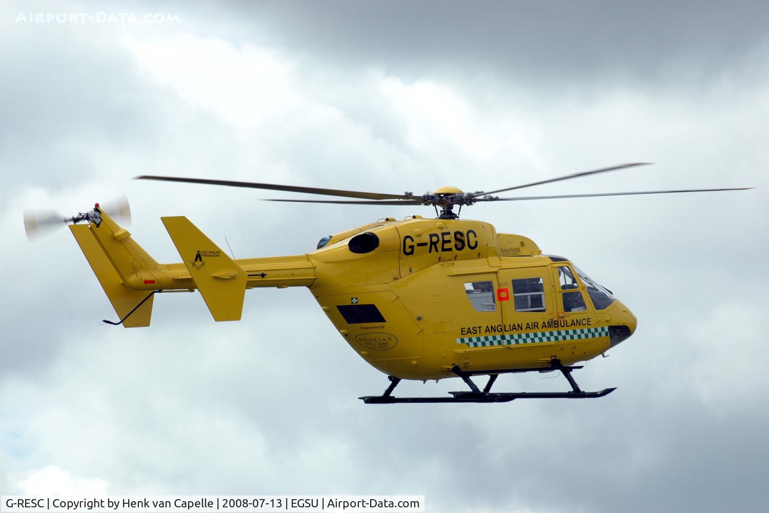 G-RESC, 1996 Eurocopter-Kawasaki BK-117C-1 C/N 7504, BK117 opearted for the East Anglian Air Ambulance. Looking closer they seem to have some sponsors.