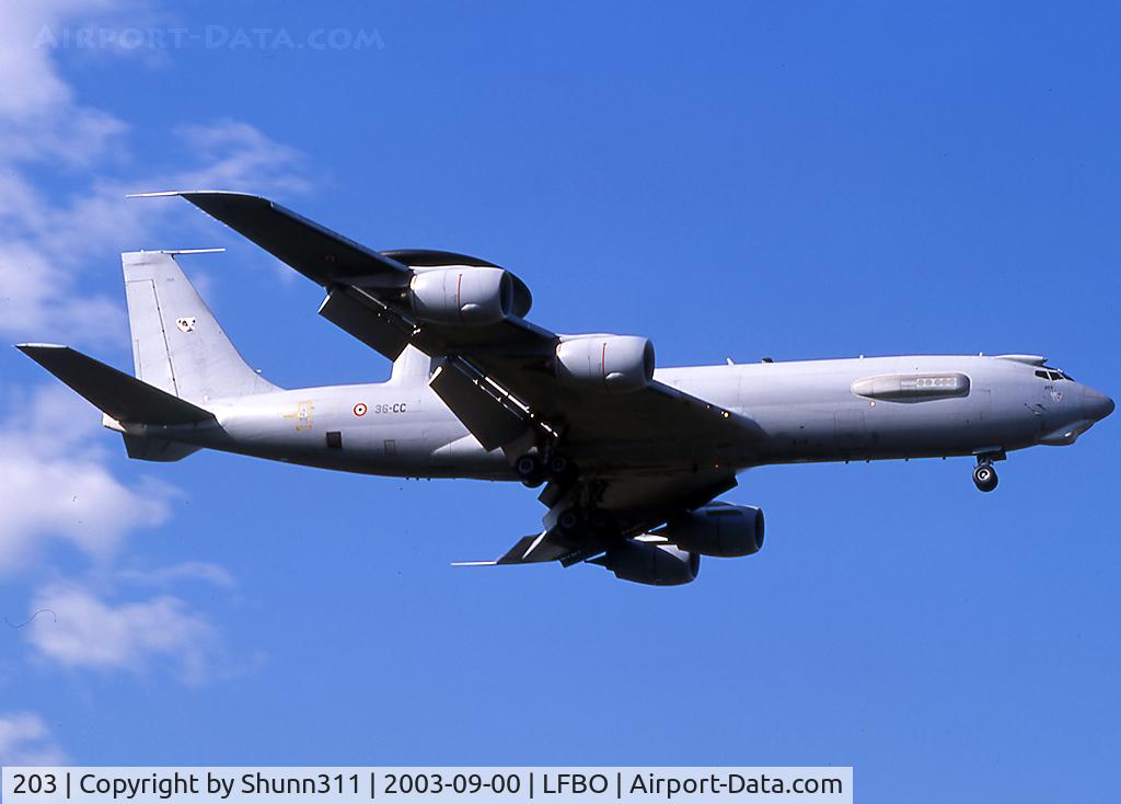 203, 1990 Boeing E-3F Sentry C/N 24117, Passing over the runway this day... Was my first Sentry @ LFBO for me !