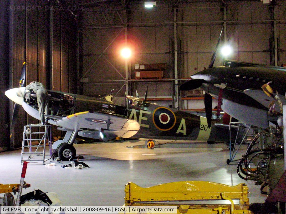 G-LFVB, 1942 Supermarine 349 Spitfire LF.Vb C/N CBAF.2403, Credited with six kills and then served as a Gate Guard at RAF Wattisham. Now operated by The Fighter Collection