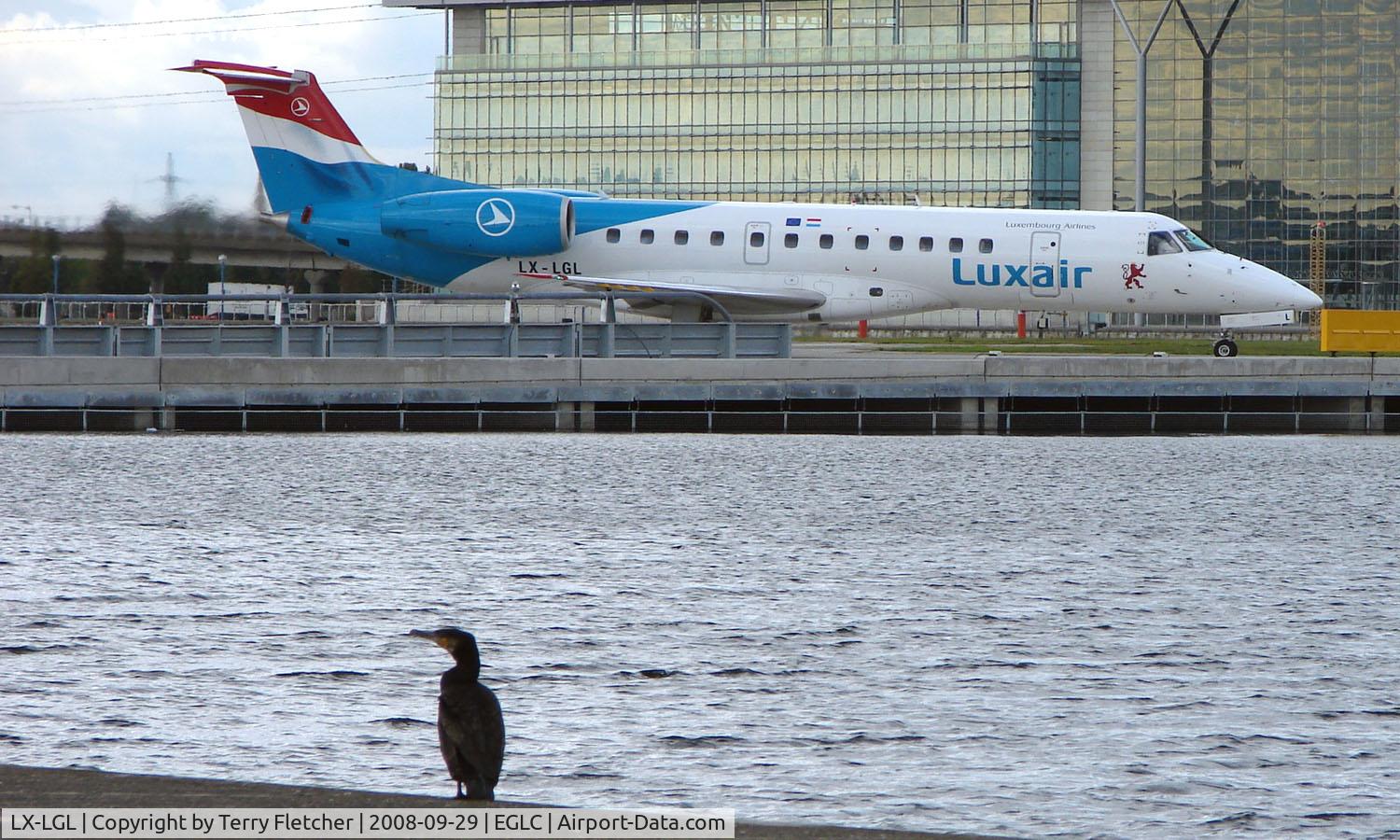 LX-LGL, 2005 Embraer ERJ-135LR (EMB-135LR) C/N 14500893, A lone cormorant watches the Luxair Emb 135 taxi for departure from London City
