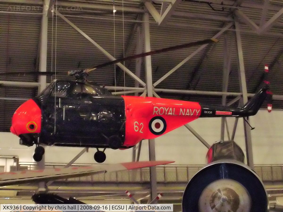 XK936, 1957 Westland Whirlwind HAS.7 C/N WA163, Suspended from the ceiling in the AirSpace hanger. served with  50 Sqn at RAF Binbrook later moving to RAF Upwood