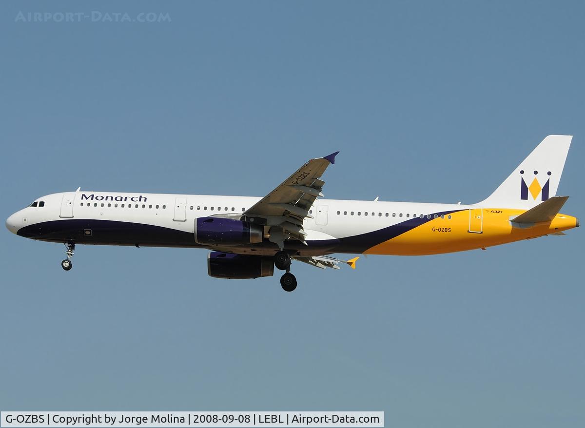 G-OZBS, 2001 Airbus A321-231 C/N 1428, Monarch on final to RWY 25R.