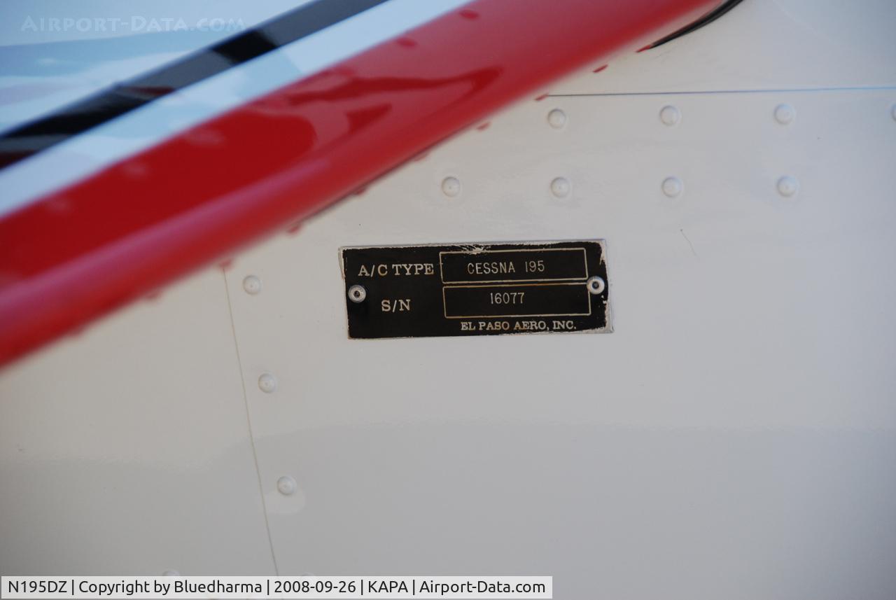N195DZ, 1953 Cessna 195B Businessliner C/N 16077, Serial Plate under tail parked at APA.