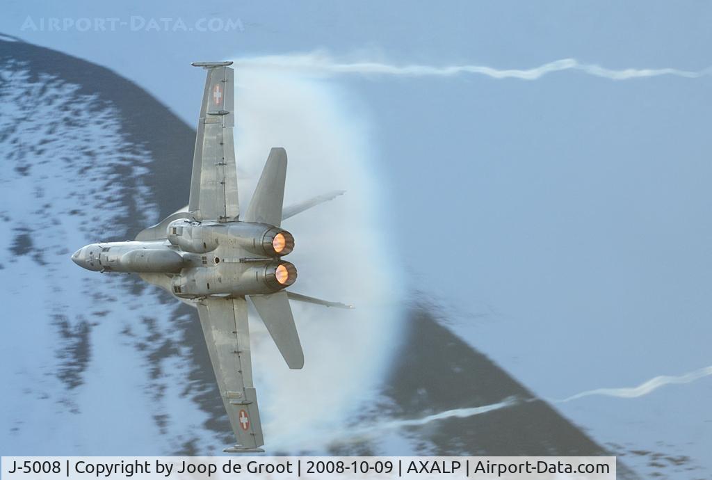 J-5008, McDonnell Douglas F/A-18C Hornet C/N 1336/SFC008, One of the spectacular images taken during the Axalp air to ground shooting exercise.