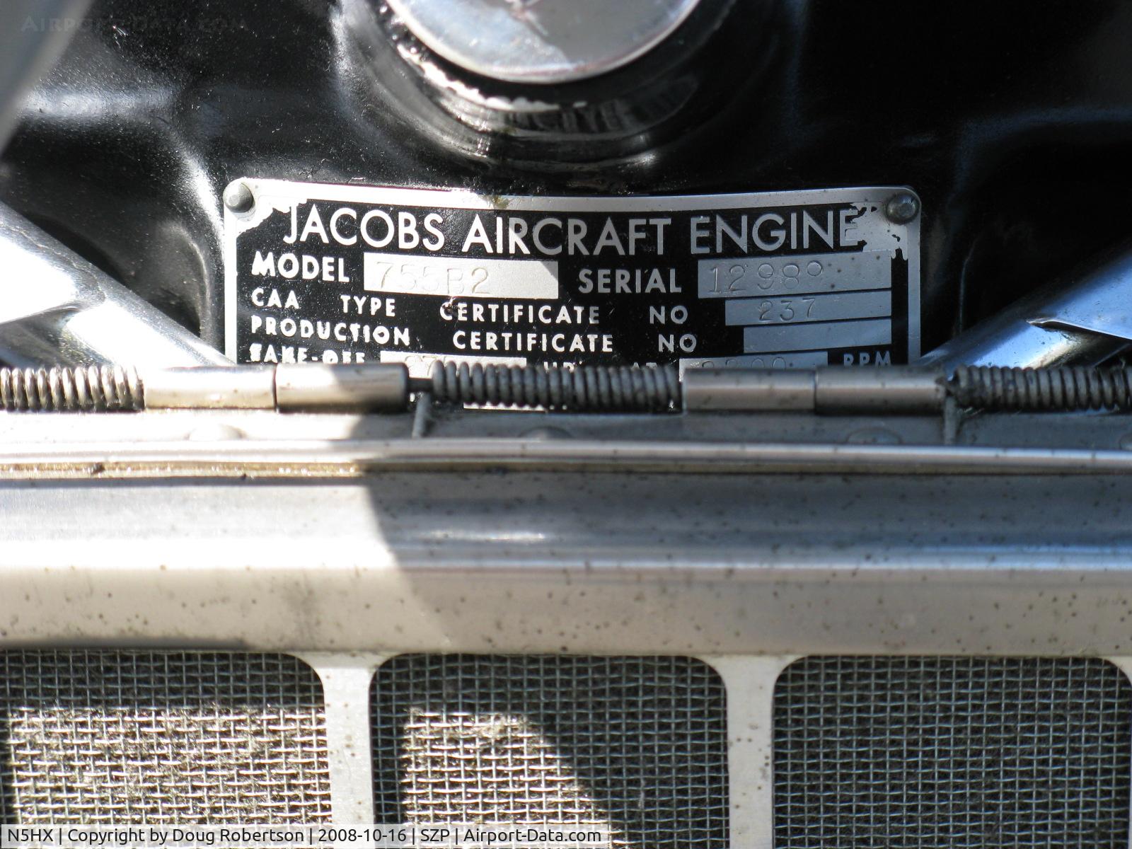 N5HX, 2000 WACO Taperwing T-10 Replica C/N 2504, 2000 Rare Aircraft LTD?Redman (WACO) TAPERWING T-10, Jacobs R755B2 300 Hp radial, engine data plate, Experimental class