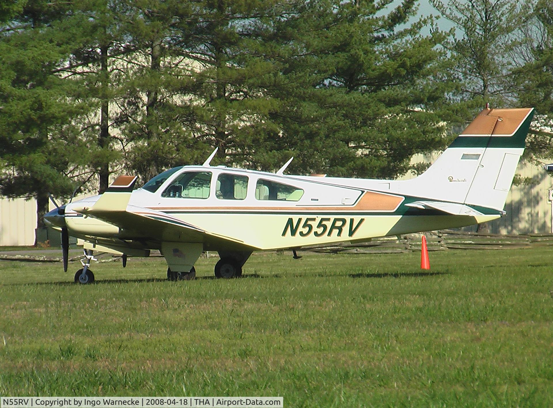 N55RV, 1975 Beech 95-B55 (T42A) Baron C/N TC-1828, in front of the Beechcraft Heritage Museum
