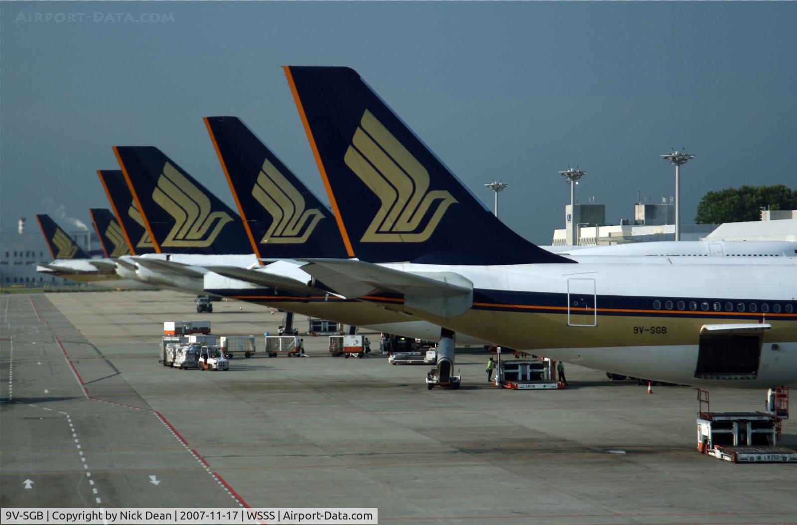 9V-SGB, 2003 Airbus A340-541 C/N 499, Nice lineup of SQ tails at Changi