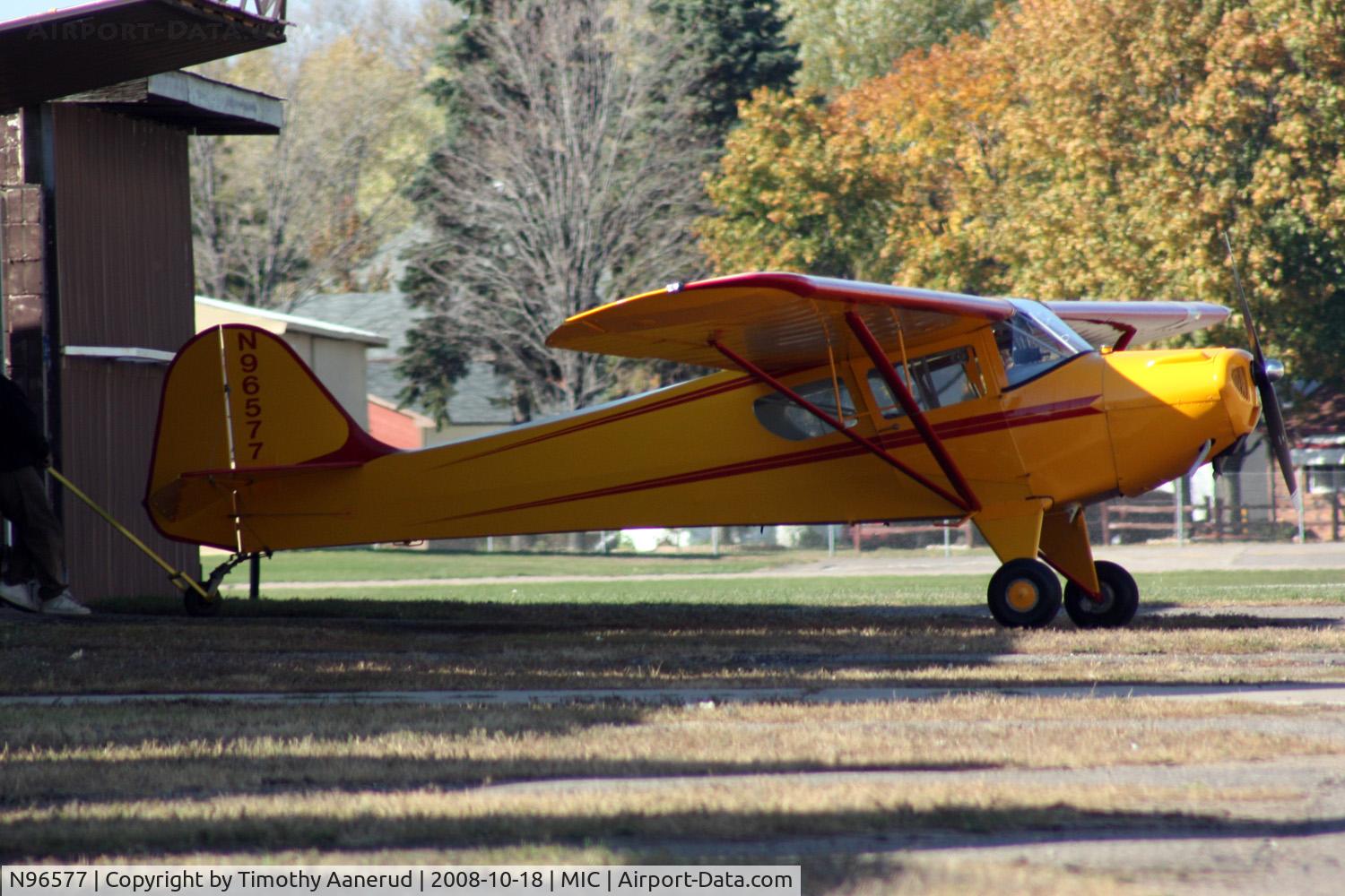 N96577, 1946 Taylorcraft BCS12-D C/N 8877, Going into its hangar at Crystal, Taylorcraft BSC12-D, serial 8877