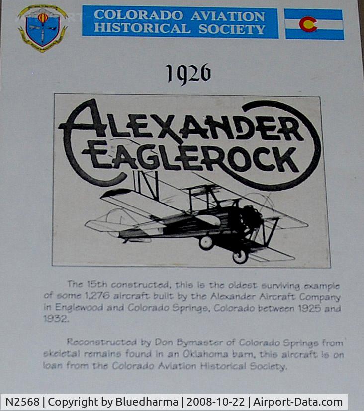 N2568, 1926 Alexander Long Wing Eaglerock C/N 122, Details of Display at the Wings over the Rockies Air and Space Museum Denver, CO.