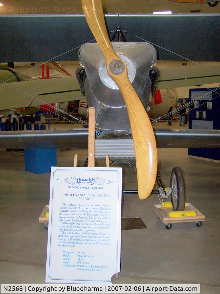 N2568, 1926 Alexander Long Wing Eaglerock C/N 122, Parked on Display at the Wings over the Rockies Air and Space Museum Denver, CO.