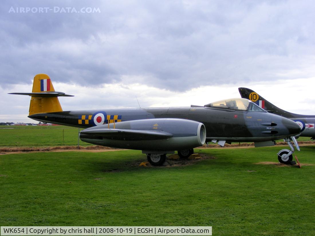 WK654, 1952 Gloster Meteor F.8 C/N Not found WK654, On 22nd December 1969, this aircraft took its final flight to RAF Kemble, from where it was allocated to RAF Neatishead to serve as a ‘Gate Guard’. In 1992 WK654 was replaced by a Phantom and moved to a new home with the CNAM