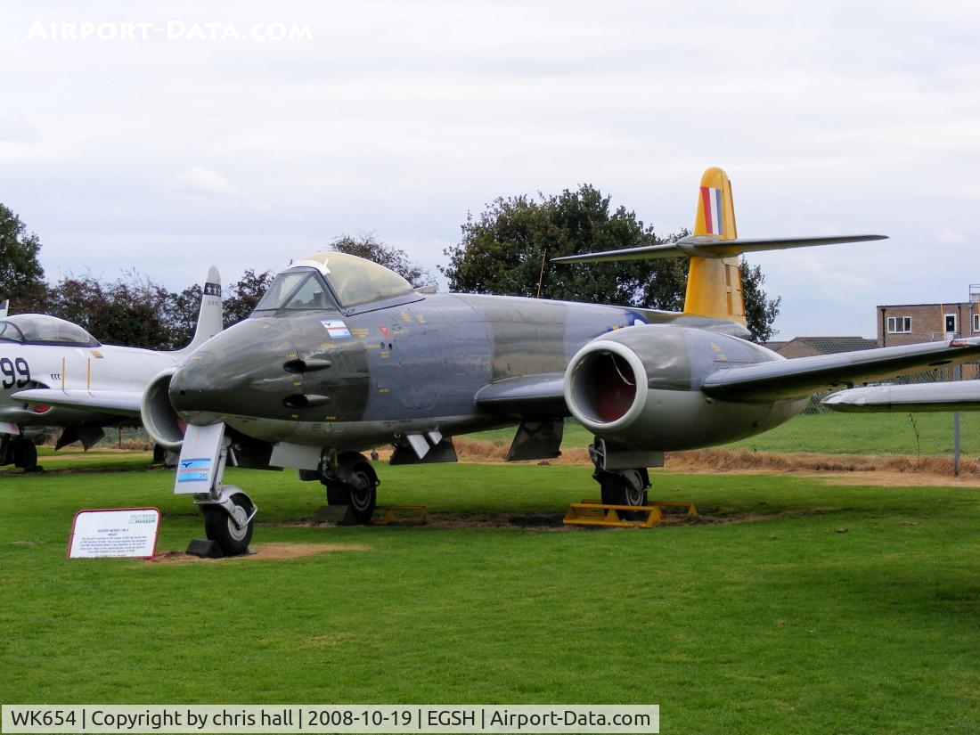 WK654, 1952 Gloster Meteor F.8 C/N Not found WK654, On 22nd December 1969, this aircraft took its final flight to RAF Kemble, from where it was allocated to RAF Neatishead to serve as a ‘Gate Guard’. In 1992 WK654 was replaced by a Phantom and moved to a new home with the CNAM