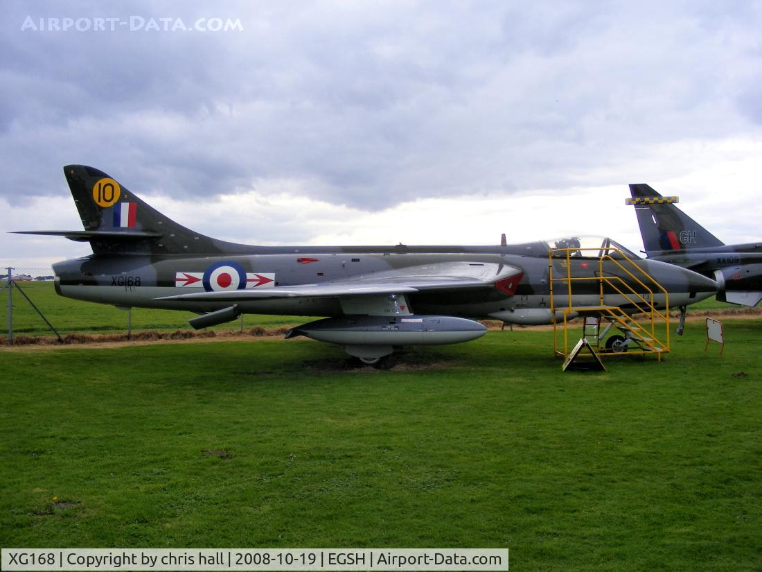 XG168, 1957 Hawker Hunter F.6A C/N HABL-003026, This aircraft first flew with 19 Sqn before being transferred to 263 Sqn and then 229 OCU. Her flying career ended with the 1 TWU and she later moved to the Trade Management Training Squadron at RAF Scampton and allocated Maintenance number 8832M