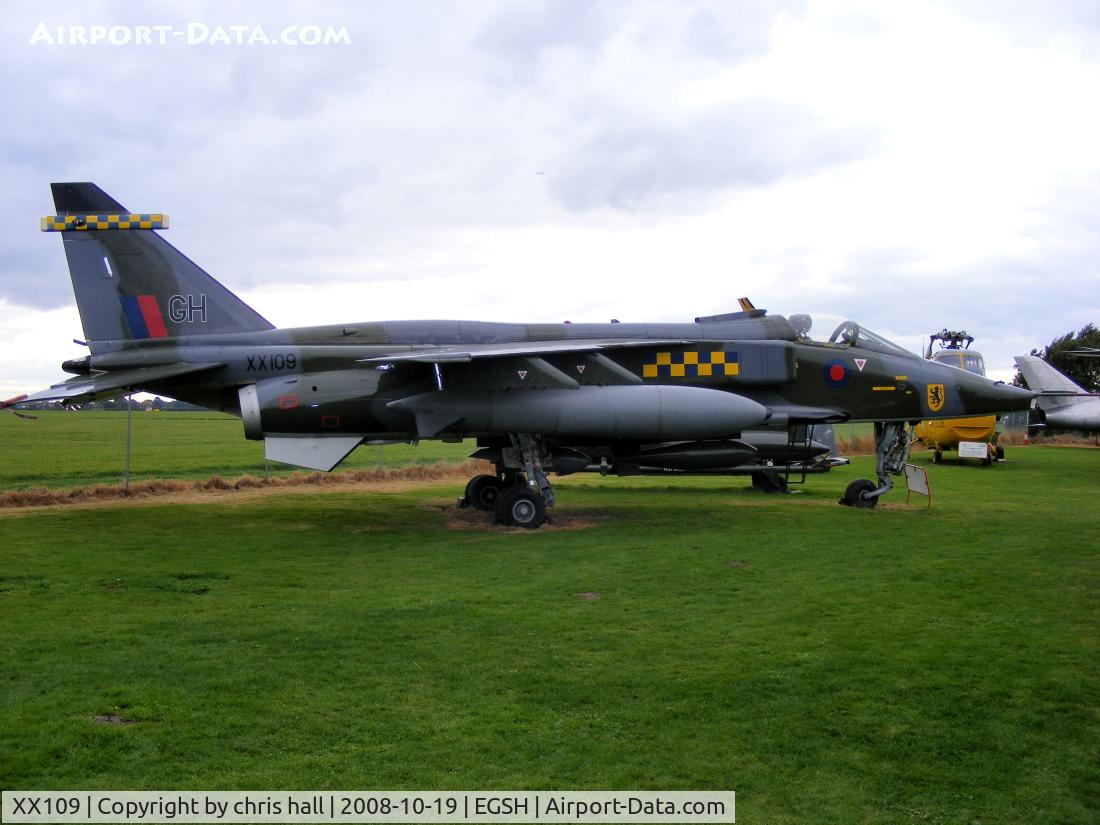 XX109, 1972 Sepecat Jaguar GR.1 C/N S2, This aircraft first flew on 16th November 1972 from BAC’s Warton site. On 1st May 1973, XX109 departed for the A&AEE at RAE Boscombe Down where it was used as a stress monitoring aircraft and involved in weapons carrage trials.