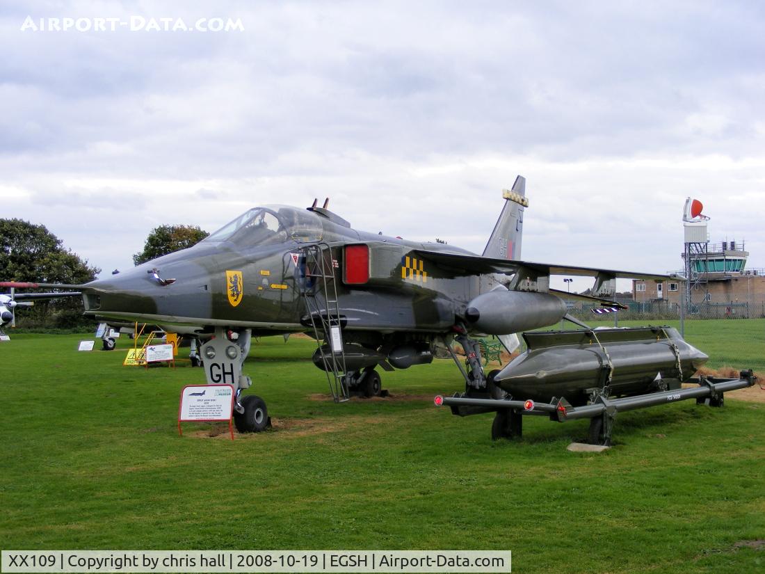 XX109, 1972 Sepecat Jaguar GR.1 C/N S2, This aircraft first flew on 16th November 1972 from BAC’s Warton site. On 1st May 1973, XX109 departed for the A&AEE at RAE Boscombe Down where it was used as a stress monitoring aircraft and involved in weapons carrage trials.