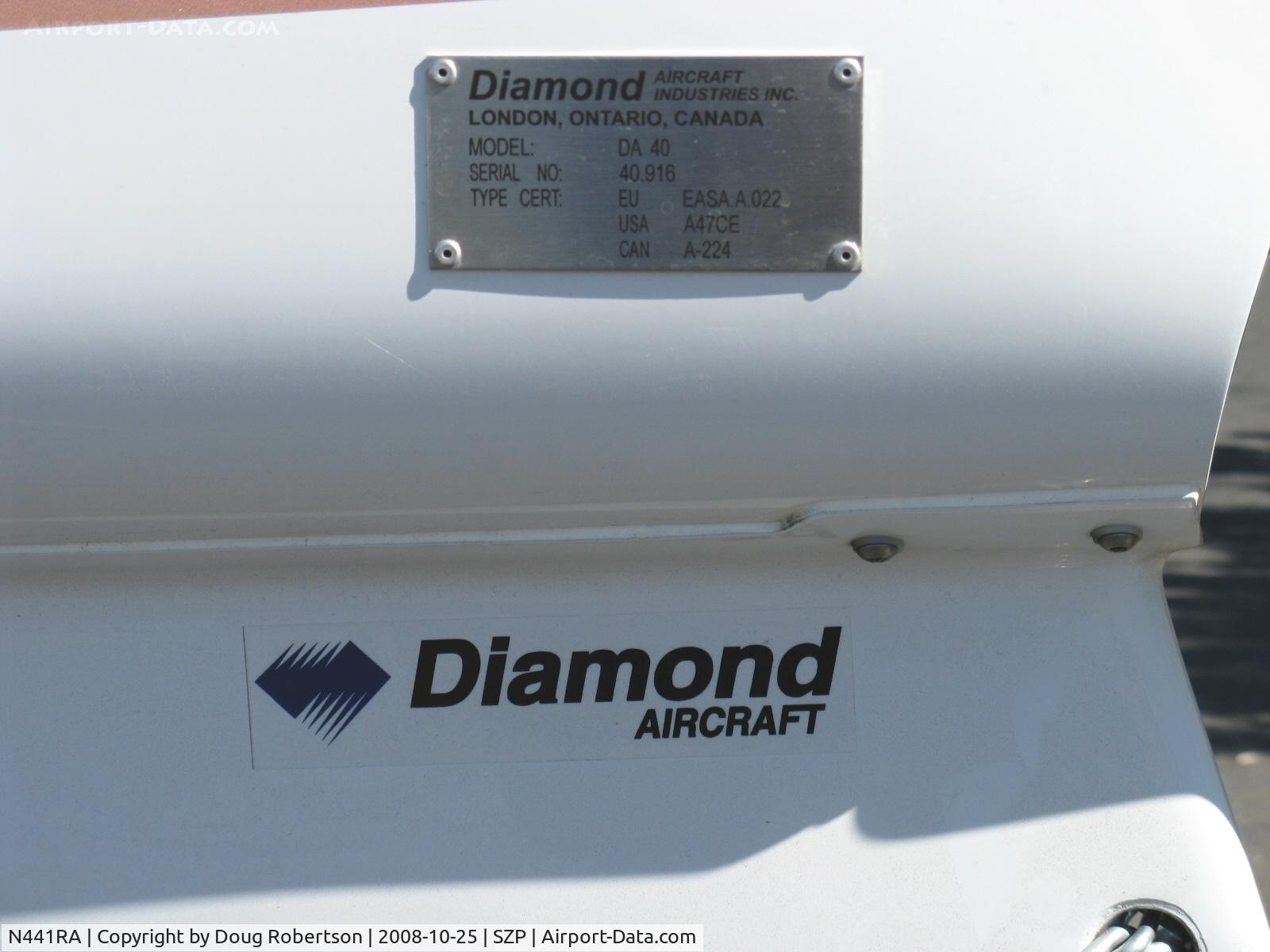 N441RA, 2008 Diamond DA-40XLS Diamond Star C/N 40.916, 2008 Diamond Aircraft Ind. Inc. DA-40-XLS DIAMOND STAR, Lycoming IO-360-M1A+ 180 Hp, Lasar electronic ignition, MT composite three-blade scimitar prop, data plate