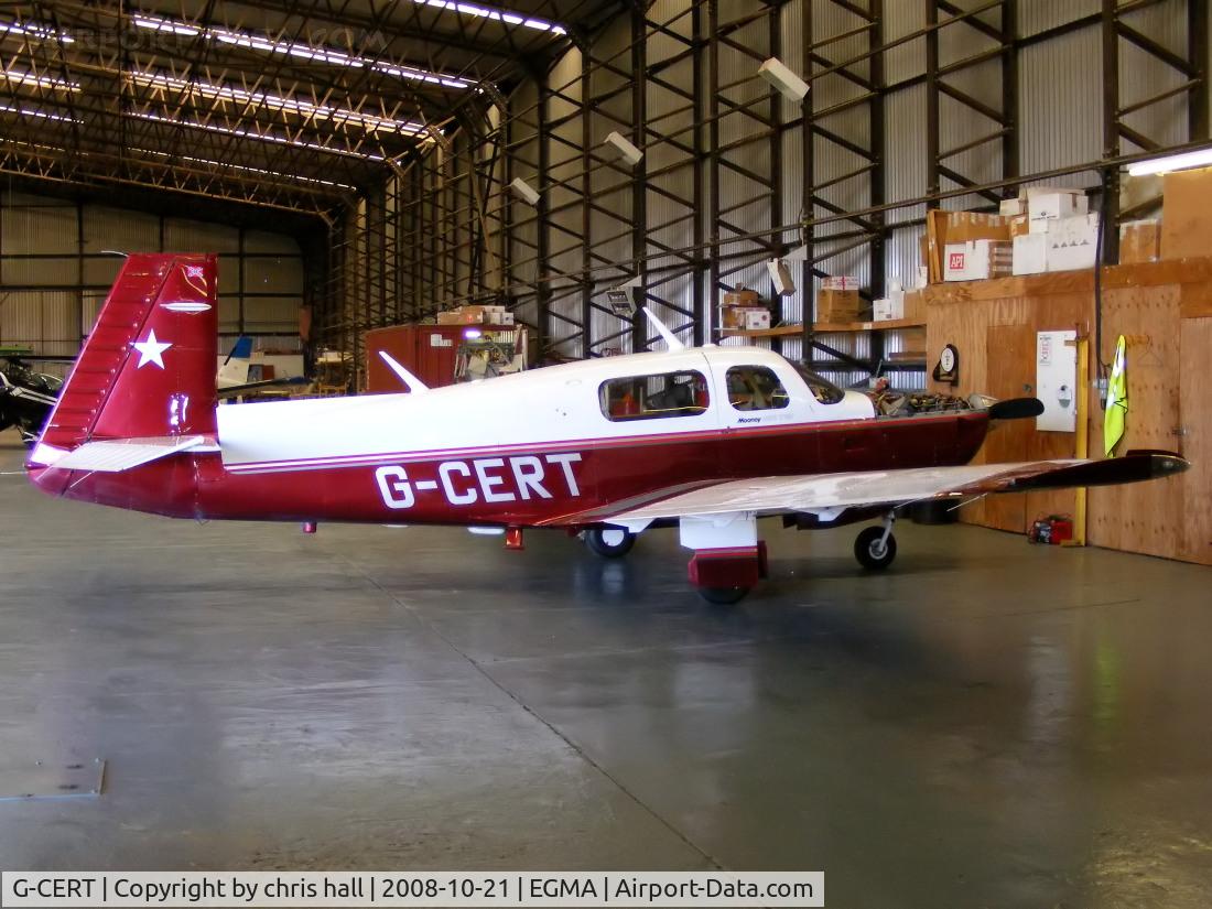 G-CERT, 1987 Mooney M20K C/N 25-1134, inside the hangar at Fowlmere